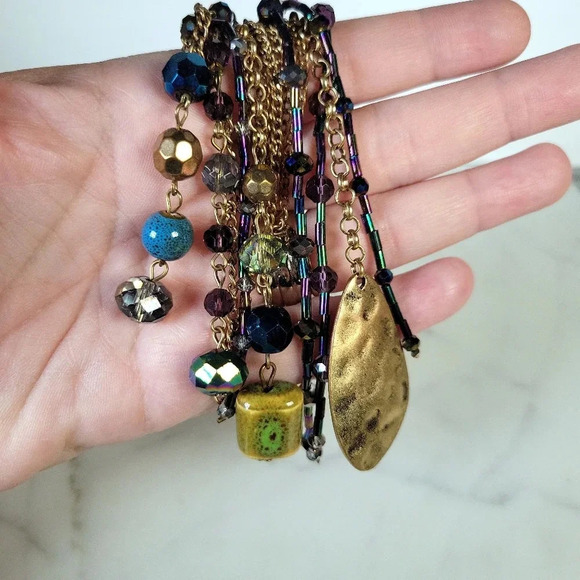 Glass Bead Tassel Necklace Long Vibrant Oil Slick Purple Blue Green Cera… - Picture 5 of 10